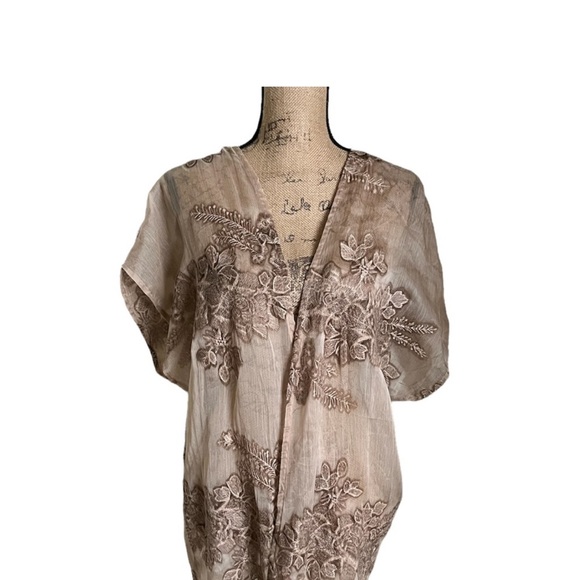 Calstyle Tan/Brown Sheer Coverup Embroidered Sz 2XL XC - Picture 2 of 8